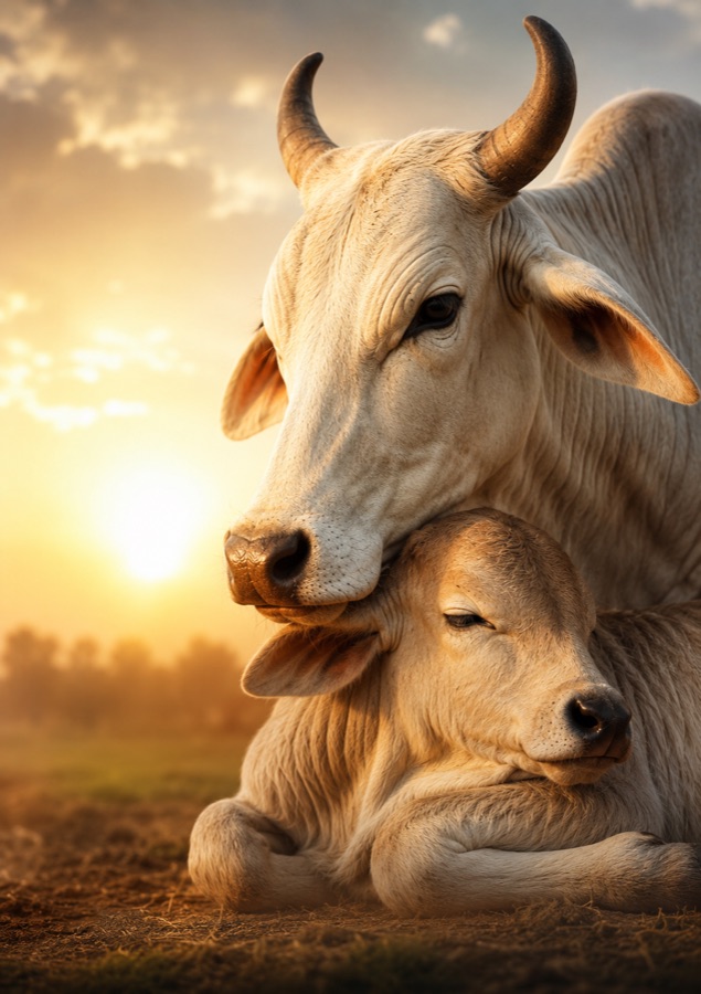 A mother cow gently resting her head on her calf at sunset — the Gau Mata bond Gadh Maylo Shyam Gou Sewa Sansthan protects